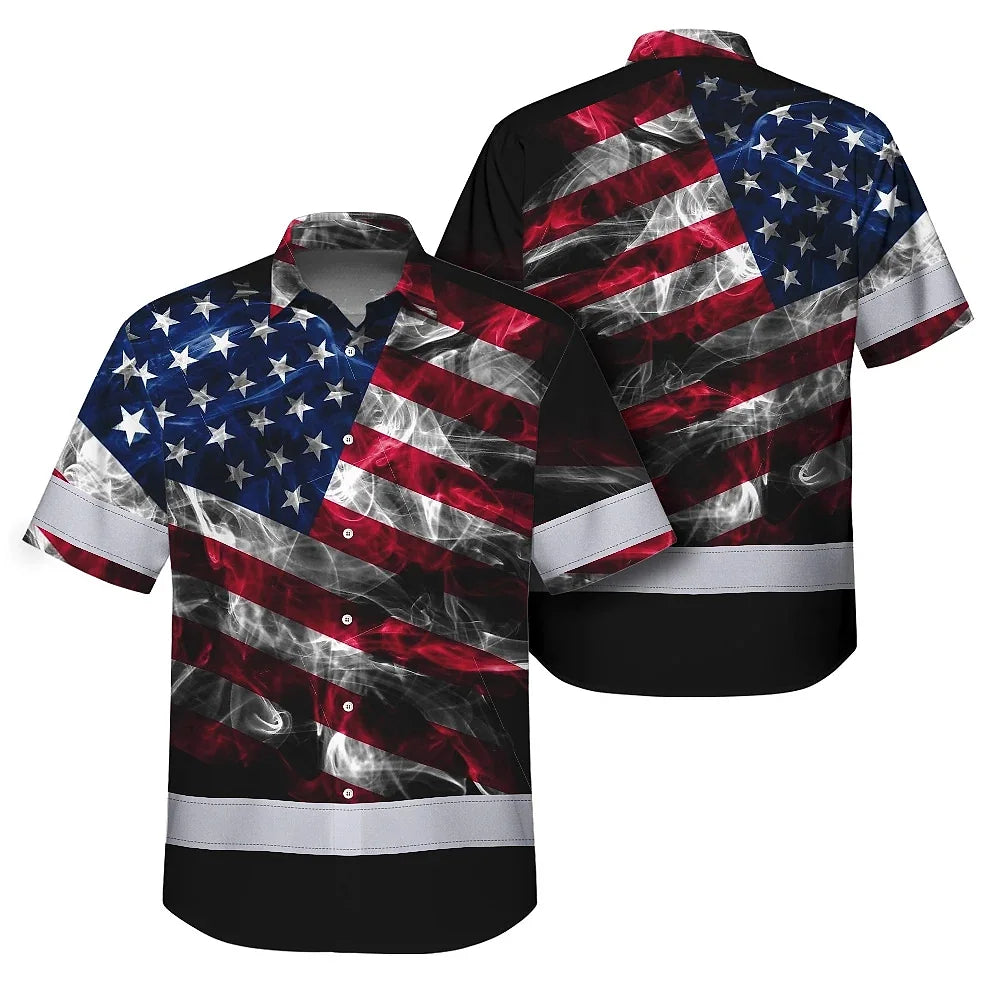 Hi Vis Hawaiian Shirt Reflective Smoke USA Flag Red Blue Safety Workwear For Workers, Truckers, Operators