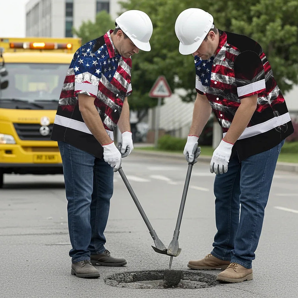 Hi Vis Hawaiian Shirt Reflective Smoke USA Flag Red Blue Safety Workwear For Workers, Truckers, Operators