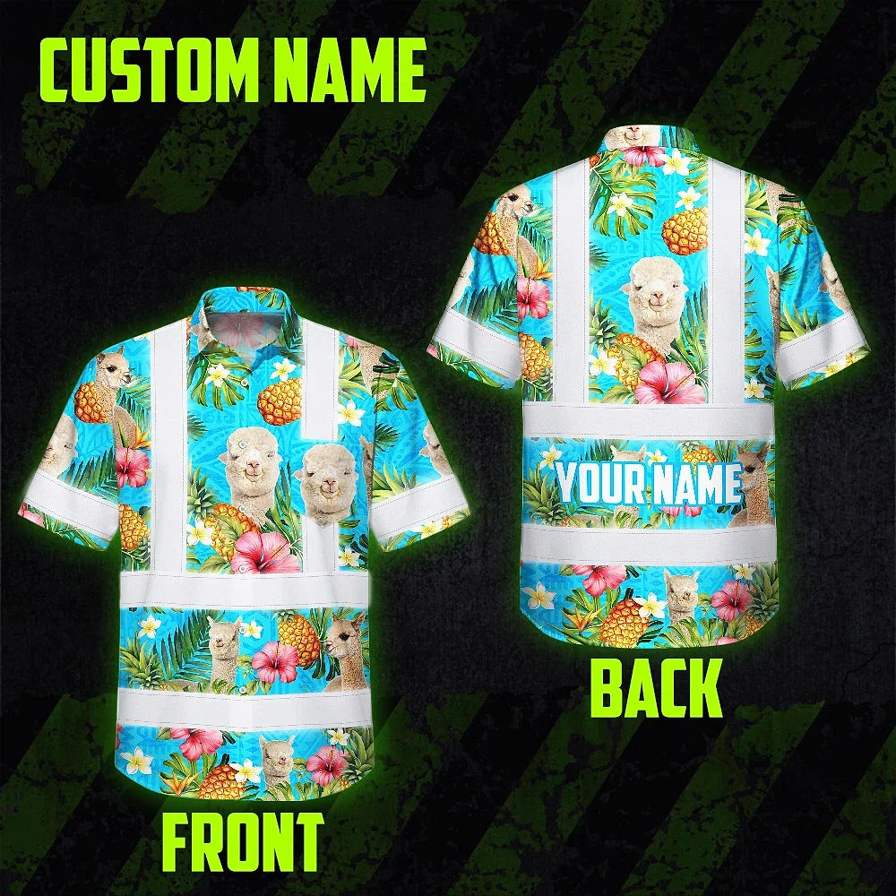 Hi Vis Hawaiian Shirt Reflective Tapes Alpaca Flowers Custom Name Safety Workwear For Workers, Truckers, Operators