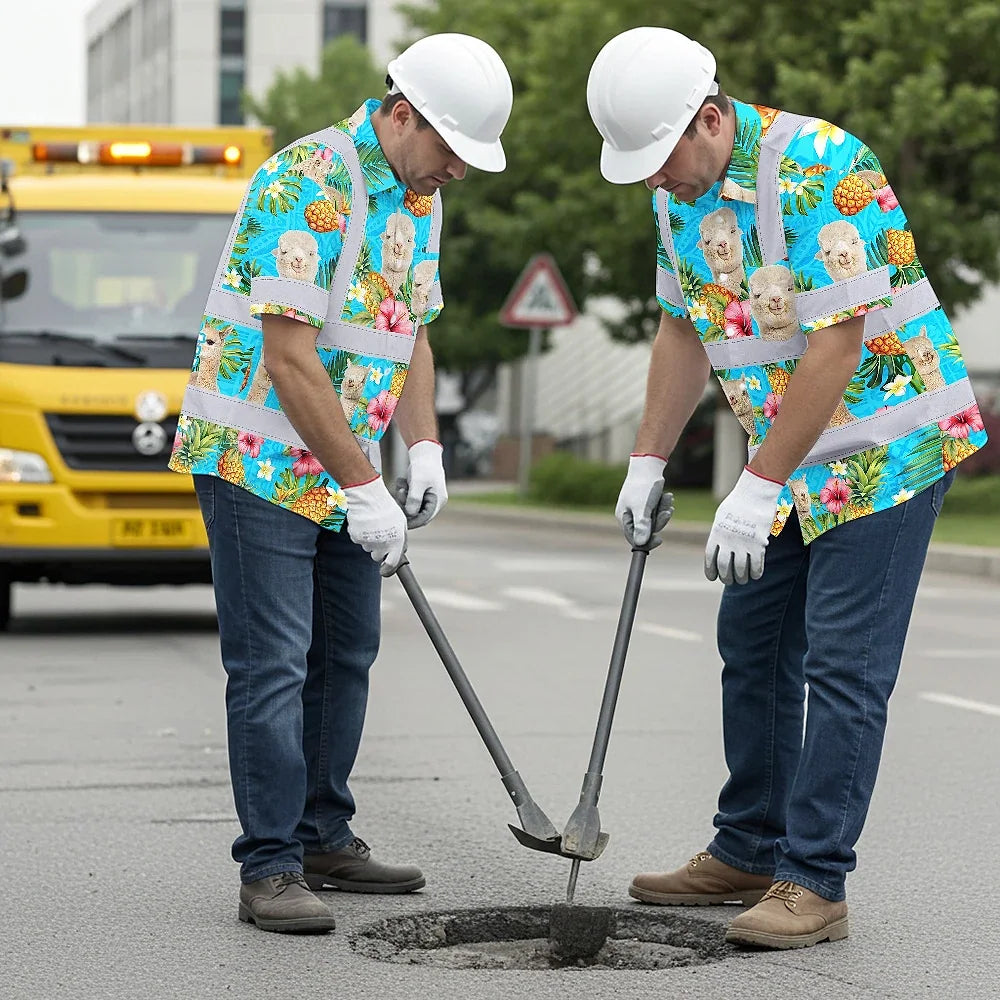 Hi Vis Hawaiian Shirt Reflective Tapes Alpaca Flowers Custom Name Safety Workwear For Workers, Truckers, Operators