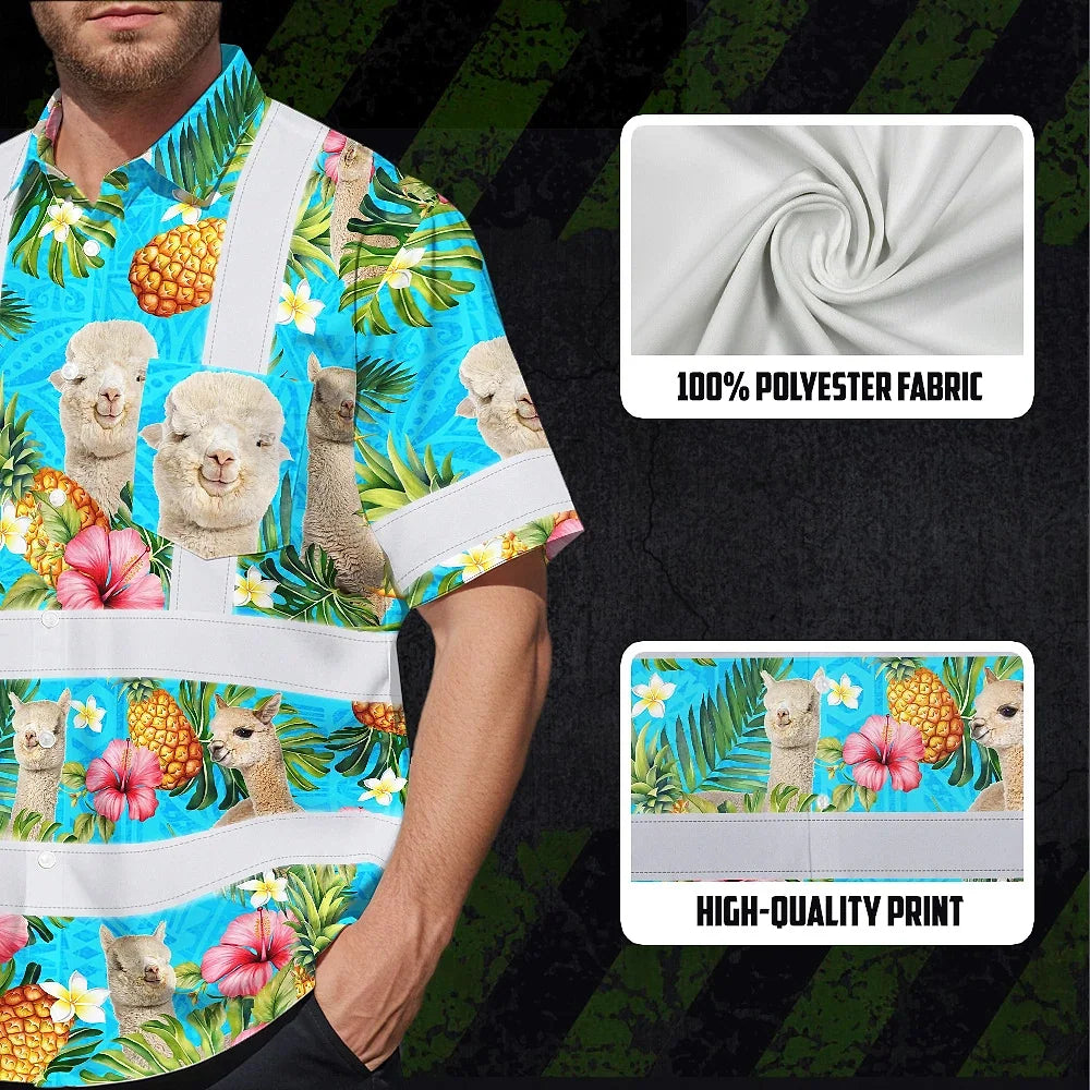 Hi Vis Hawaiian Shirt Reflective Tapes Alpaca Flowers Custom Name Safety Workwear For Workers, Truckers, Operators