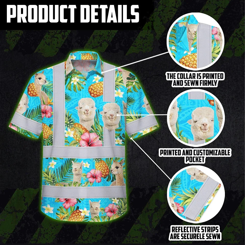 Hi Vis Hawaiian Shirt Reflective Tapes Alpaca Flowers Custom Name Safety Workwear For Workers, Truckers, Operators