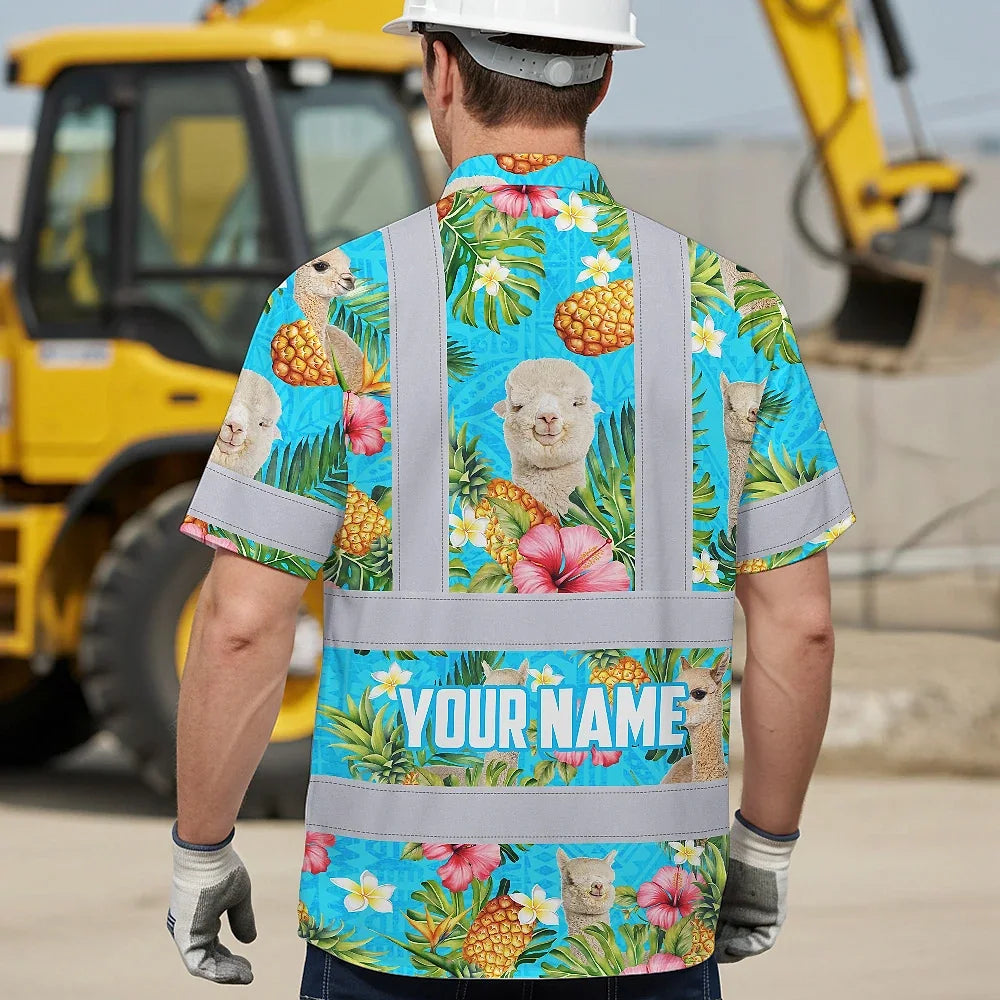 Hi Vis Hawaiian Shirt Reflective Tapes Alpaca Flowers Custom Name Safety Workwear For Workers, Truckers, Operators