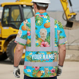 Hi Vis Hawaiian Shirt Reflective Tapes Alpaca Flowers Custom Name Safety Workwear For Workers, Truckers, Operators