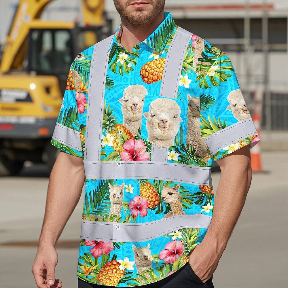 Hi Vis Hawaiian Shirt Reflective Tapes Alpaca Flowers Custom Name Safety Workwear For Workers, Truckers, Operators