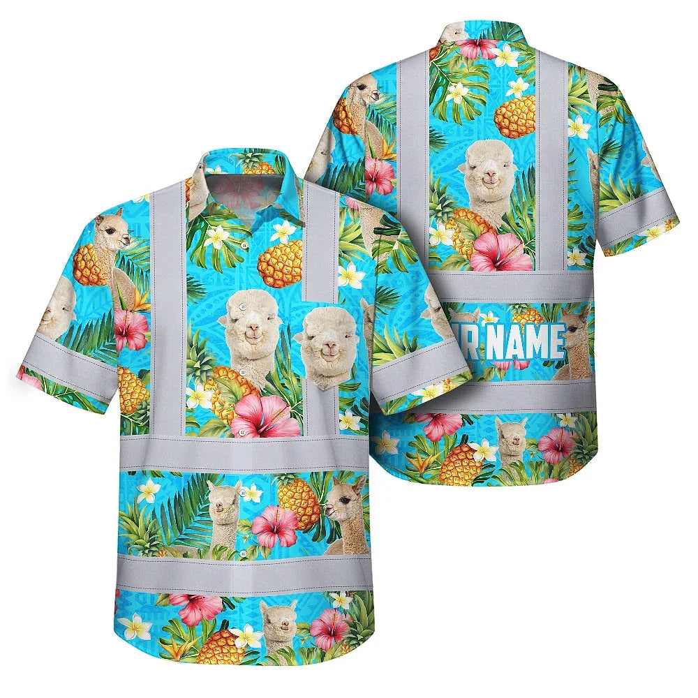 Hi Vis Hawaiian Shirt Reflective Tapes Alpaca Flowers Custom Name Safety Workwear For Workers, Truckers, Operators