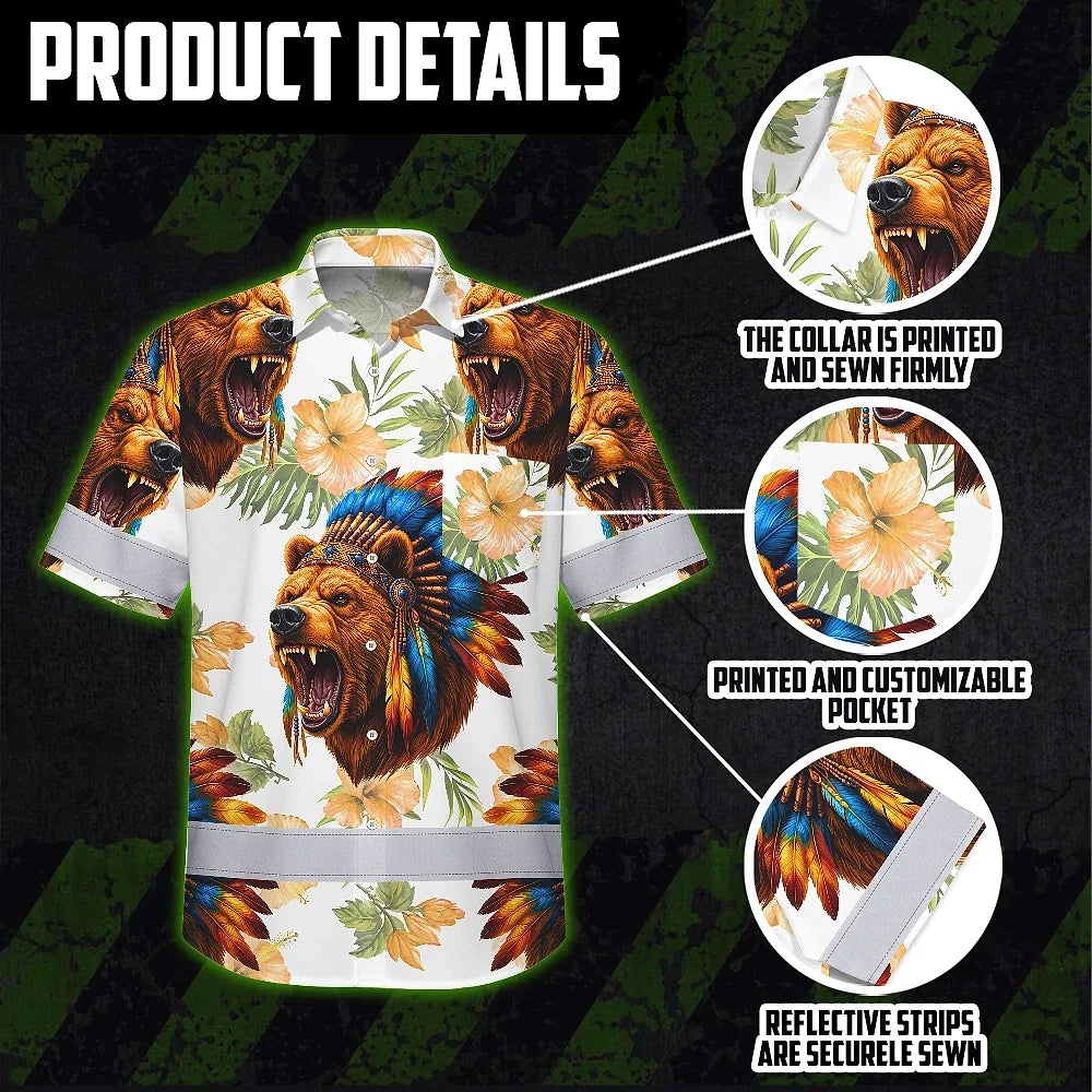 Hi Vis Hawaiian Shirt Reflective Tapes Bear Native Custom Name Safety Workwear For Workers, Truckers, Operators