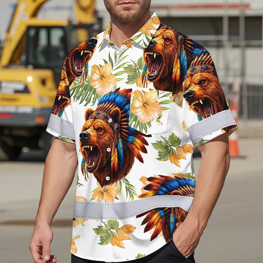 Hi Vis Hawaiian Shirt Reflective Tapes Bear Native Custom Name Safety Workwear For Workers, Truckers, Operators