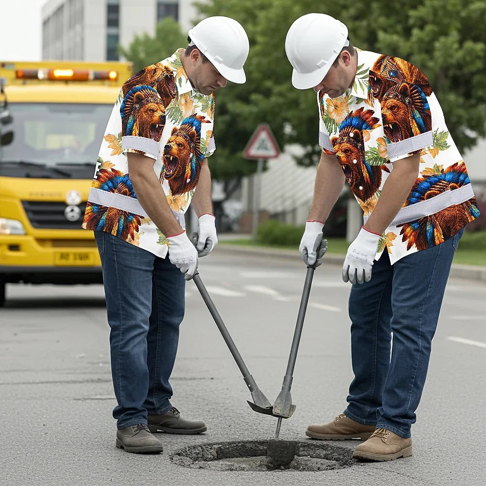 Hi Vis Hawaiian Shirt Reflective Tapes Bear Native Custom Name Safety Workwear For Workers, Truckers, Operators