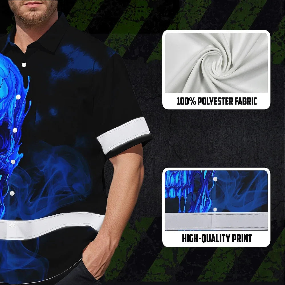 Hi Vis Hawaiian Shirt Reflective Tapes Black And Blue Skull Custom Name Safety Workwear For Workers, Truckers, Operators