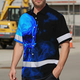 Hi Vis Hawaiian Shirt Reflective Tapes Black And Blue Skull Custom Name Safety Workwear For Workers, Truckers, Operators