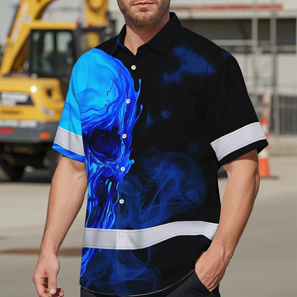 Hi Vis Hawaiian Shirt Reflective Tapes Black And Blue Skull Custom Name Safety Workwear For Workers, Truckers, Operators