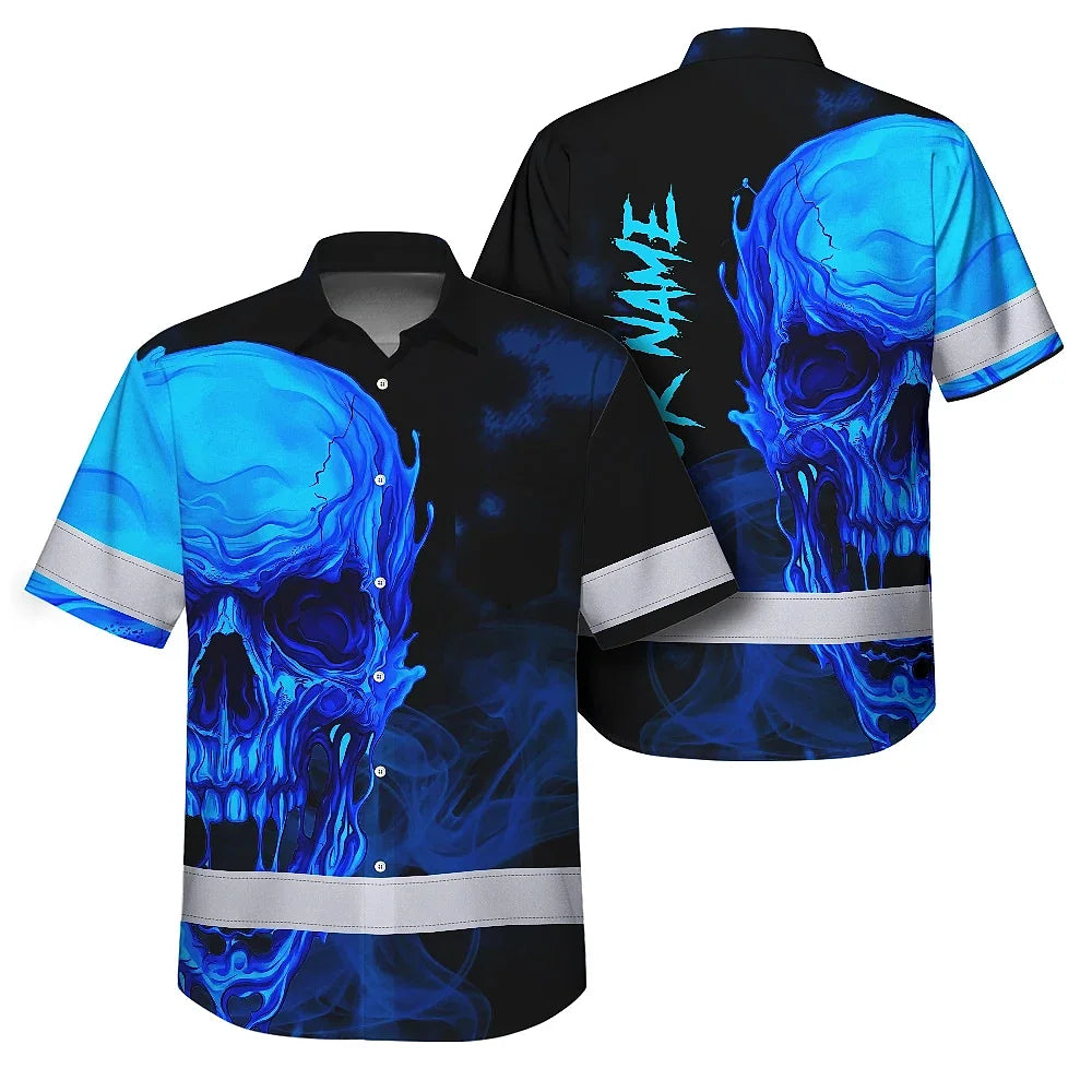 Hi Vis Hawaiian Shirt Reflective Tapes Black And Blue Skull Custom Name Safety Workwear For Workers, Truckers, Operators