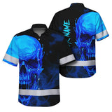 Hi Vis Hawaiian Shirt Reflective Tapes Black And Blue Skull Custom Name Safety Workwear For Workers, Truckers, Operators