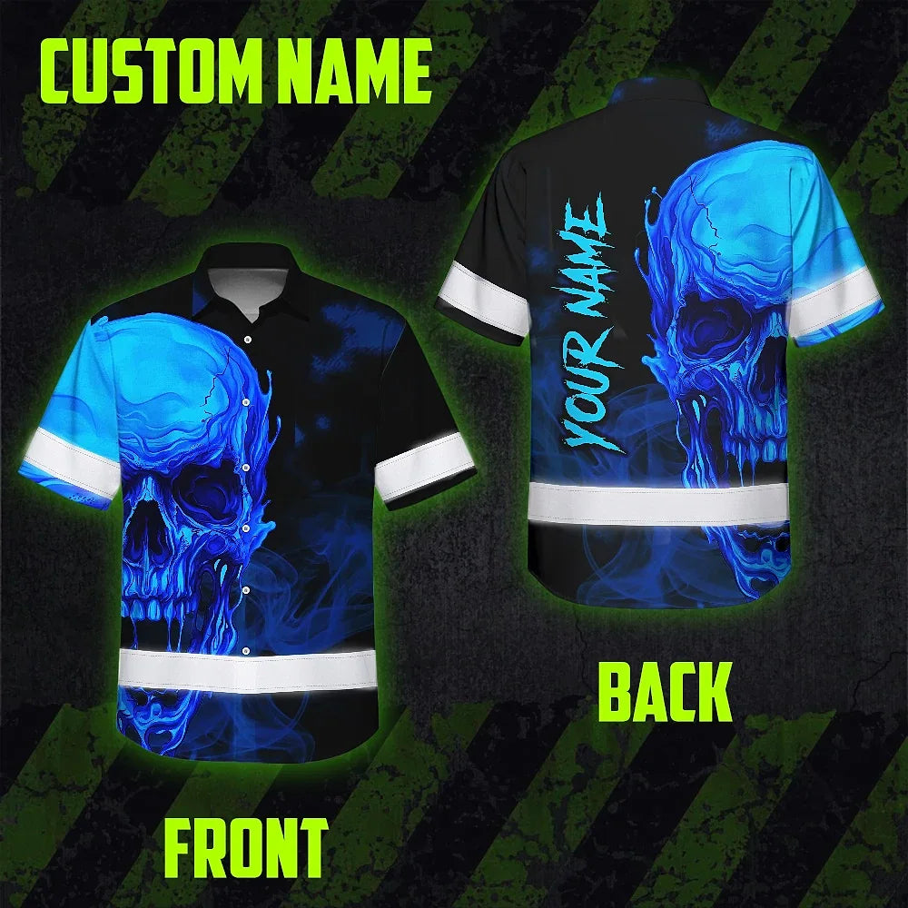 Hi Vis Hawaiian Shirt Reflective Tapes Black And Blue Skull Custom Name Safety Workwear For Workers, Truckers, Operators