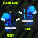 Hi Vis Hawaiian Shirt Reflective Tapes Black And Blue Skull Custom Name Safety Workwear For Workers, Truckers, Operators