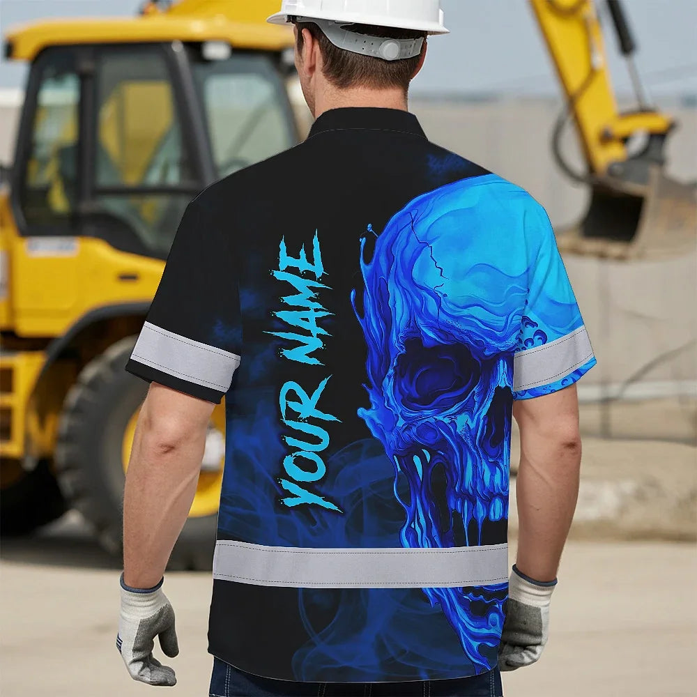 Hi Vis Hawaiian Shirt Reflective Tapes Black And Blue Skull Custom Name Safety Workwear For Workers, Truckers, Operators