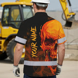 Hi Vis Hawaiian Shirt Reflective Tapes Black And Orange Skull Custom Name Safety Workwear For Workers, Truckers, Operators
