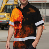 Hi Vis Hawaiian Shirt Reflective Tapes Black And Orange Skull Custom Name Safety Workwear For Workers, Truckers, Operators