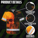 Hi Vis Hawaiian Shirt Reflective Tapes Black And Orange Skull Custom Name Safety Workwear For Workers, Truckers, Operators