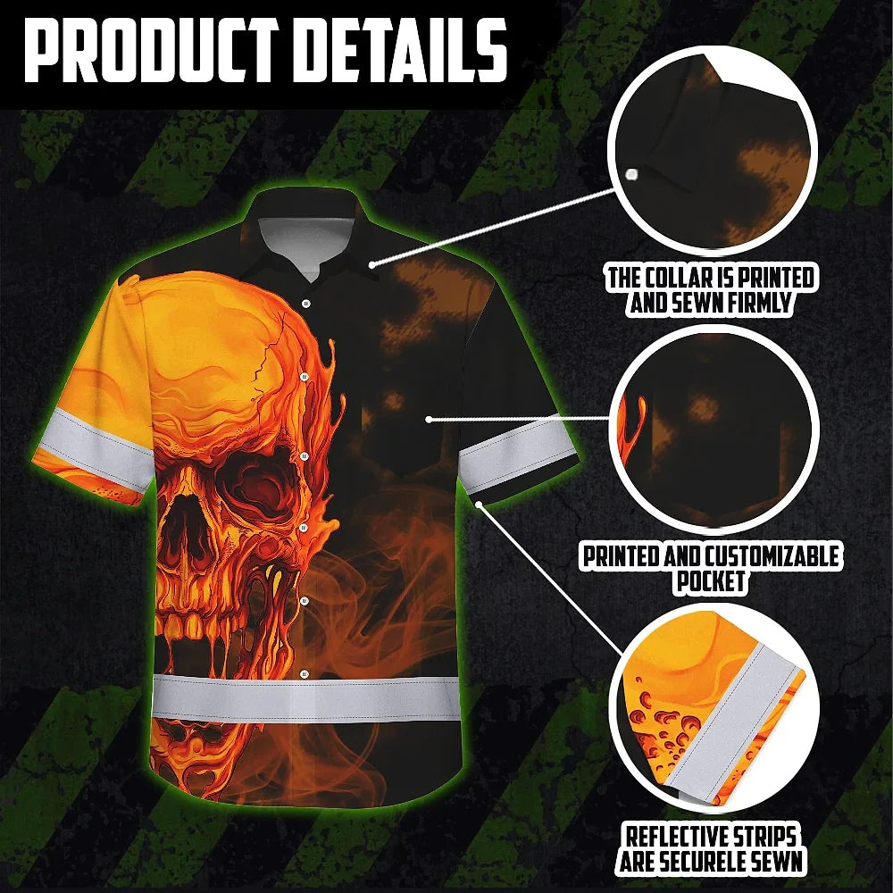 Hi Vis Hawaiian Shirt Reflective Tapes Black And Orange Skull Custom Name Safety Workwear For Workers, Truckers, Operators