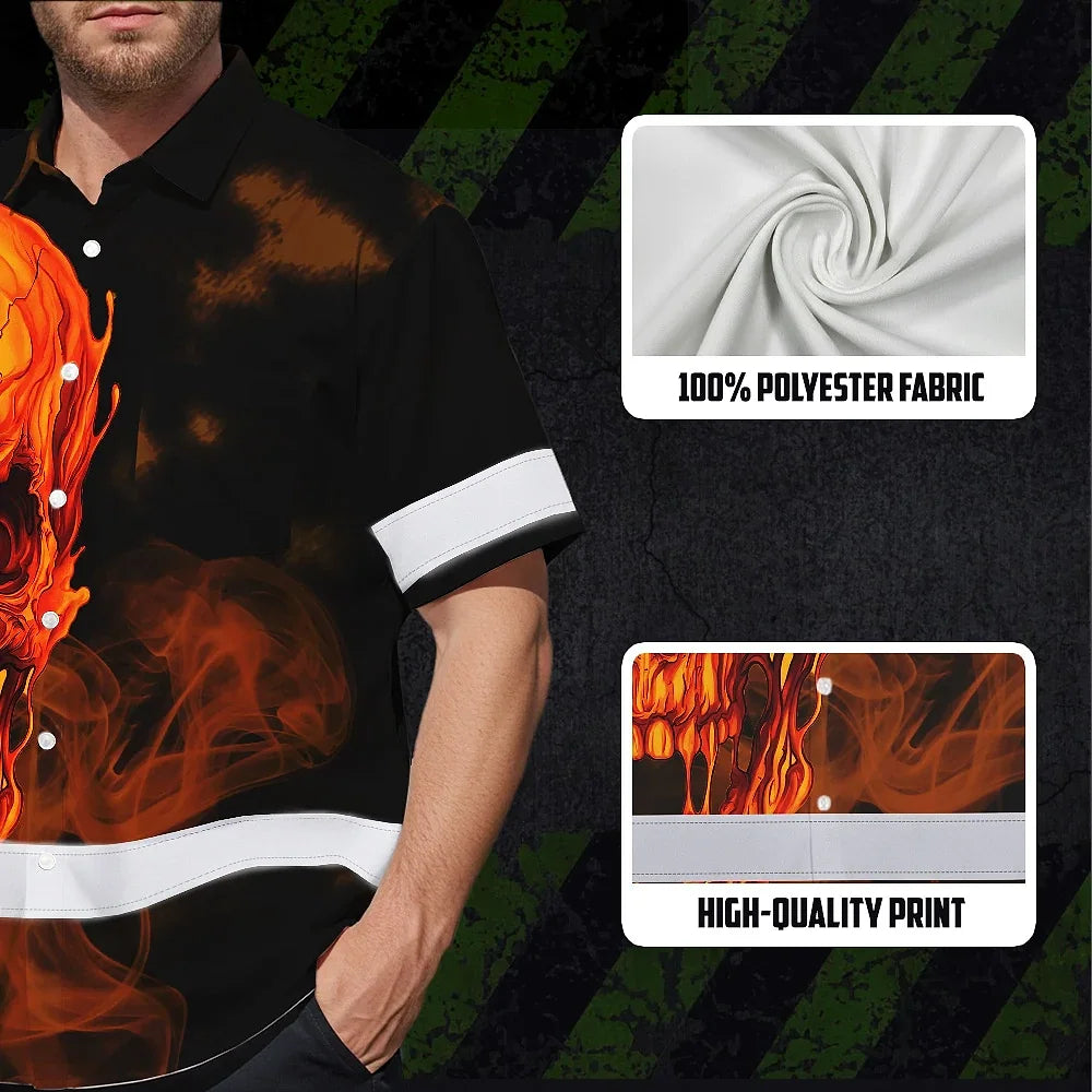 Hi Vis Hawaiian Shirt Reflective Tapes Black And Orange Skull Custom Name Safety Workwear For Workers, Truckers, Operators