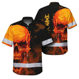 Hi Vis Hawaiian Shirt Reflective Tapes Black And Orange Skull Custom Name Safety Workwear For Workers, Truckers, Operators