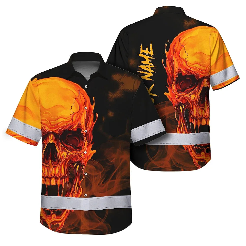 Hi Vis Hawaiian Shirt Reflective Tapes Black And Orange Skull Custom Name Safety Workwear For Workers, Truckers, Operators