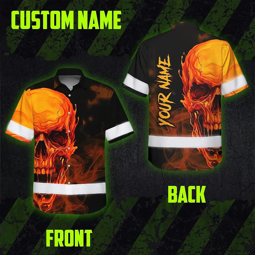 Hi Vis Hawaiian Shirt Reflective Tapes Black And Orange Skull Custom Name Safety Workwear For Workers, Truckers, Operators