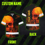 Hi Vis Hawaiian Shirt Reflective Tapes Black And Orange Skull Custom Name Safety Workwear For Workers, Truckers, Operators