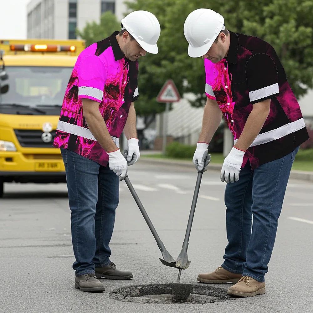Hi Vis Hawaiian Shirt Reflective Tapes Black And Pink Neon Skull Custom Name Safety Workwear For Workers, Truckers, Operators