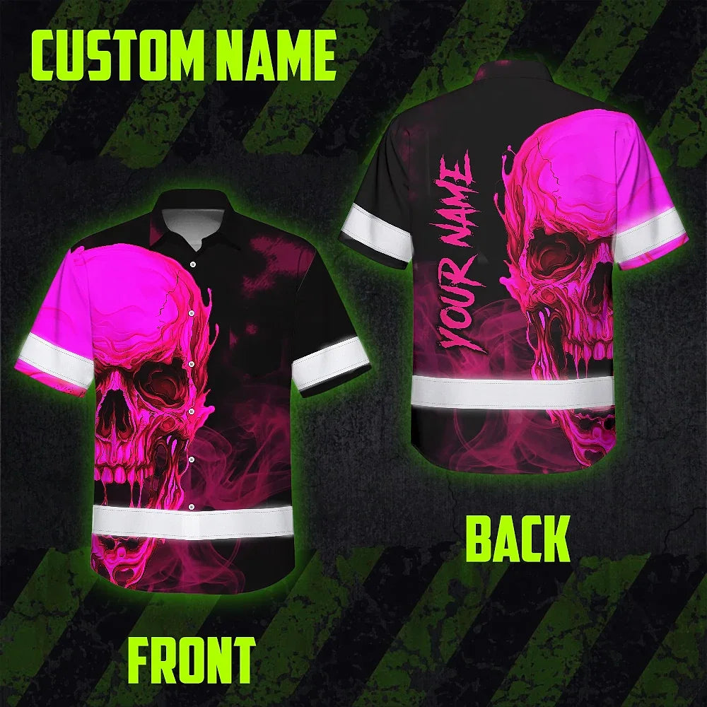 Hi Vis Hawaiian Shirt Reflective Tapes Black And Pink Neon Skull Custom Name Safety Workwear For Workers, Truckers, Operators