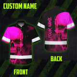 Hi Vis Hawaiian Shirt Reflective Tapes Black And Pink Neon Skull Custom Name Safety Workwear For Workers, Truckers, Operators