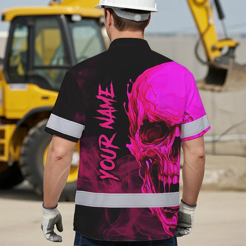 Hi Vis Hawaiian Shirt Reflective Tapes Black And Pink Neon Skull Custom Name Safety Workwear For Workers, Truckers, Operators