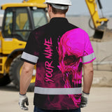 Hi Vis Hawaiian Shirt Reflective Tapes Black And Pink Neon Skull Custom Name Safety Workwear For Workers, Truckers, Operators