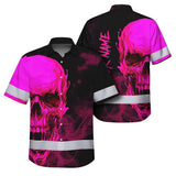 Hi Vis Hawaiian Shirt Reflective Tapes Black And Pink Neon Skull Custom Name Safety Workwear For Workers, Truckers, Operators
