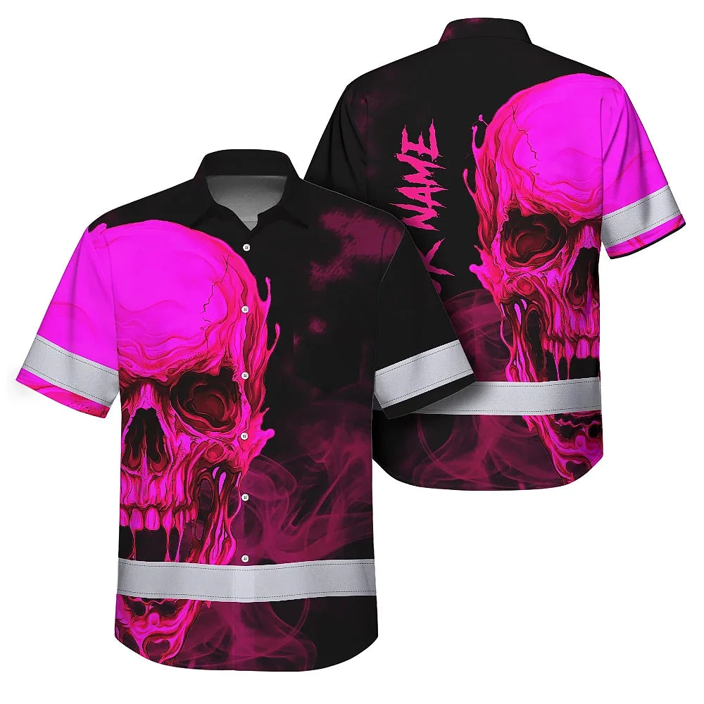 Hi Vis Hawaiian Shirt Reflective Tapes Black And Pink Neon Skull Custom Name Safety Workwear For Workers, Truckers, Operators