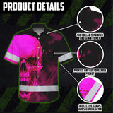 Hi Vis Hawaiian Shirt Reflective Tapes Black And Pink Neon Skull Custom Name Safety Workwear For Workers, Truckers, Operators