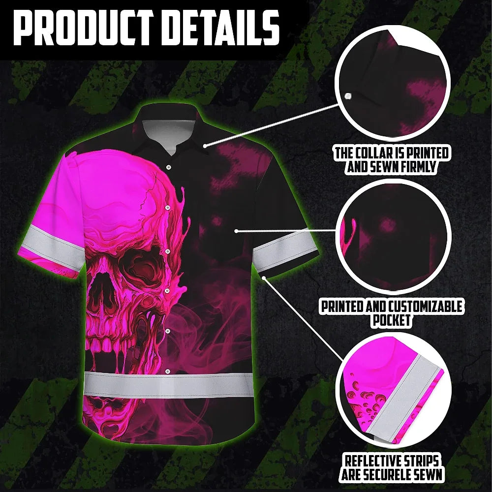 Hi Vis Hawaiian Shirt Reflective Tapes Black And Pink Neon Skull Custom Name Safety Workwear For Workers, Truckers, Operators