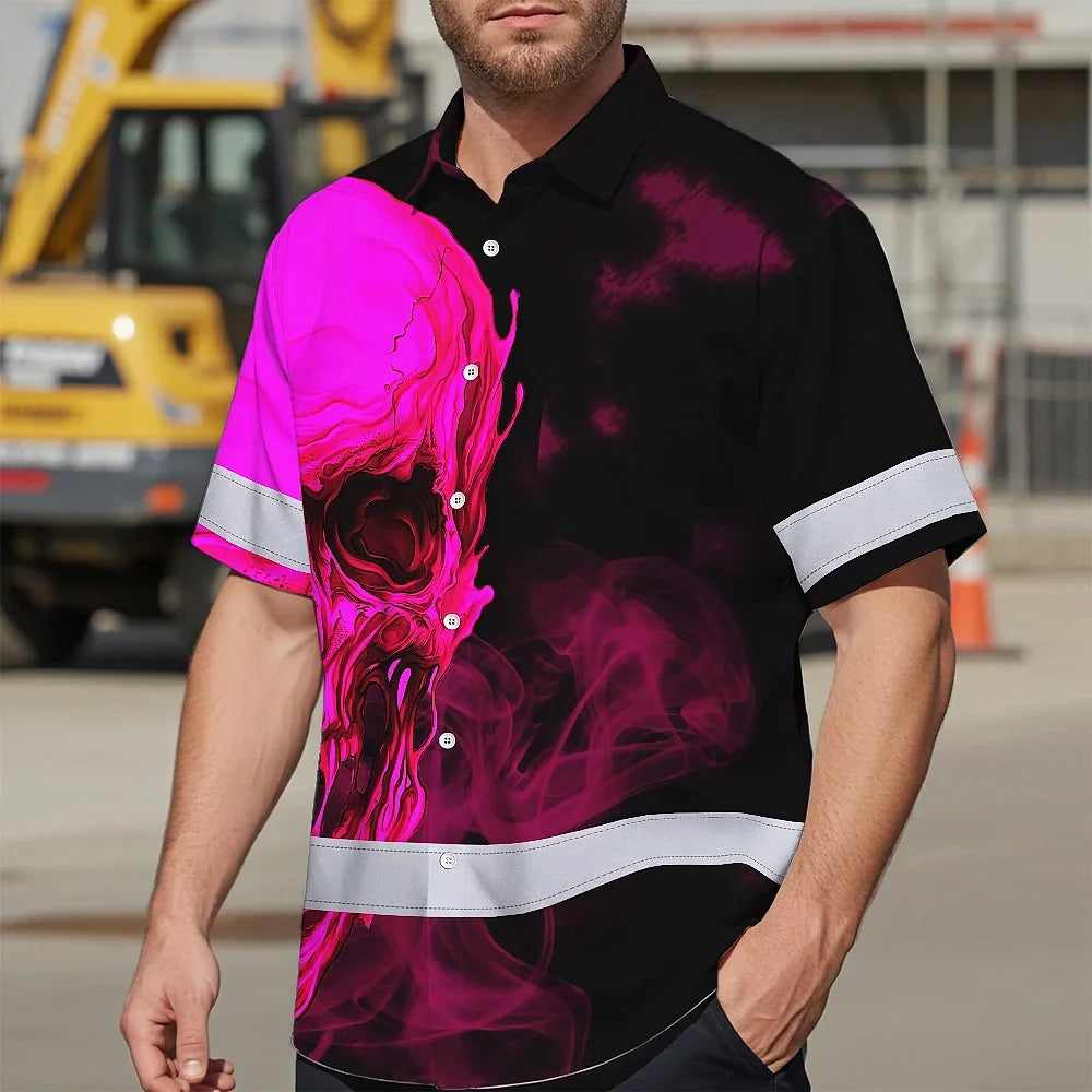 Hi Vis Hawaiian Shirt Reflective Tapes Black And Pink Neon Skull Custom Name Safety Workwear For Workers, Truckers, Operators