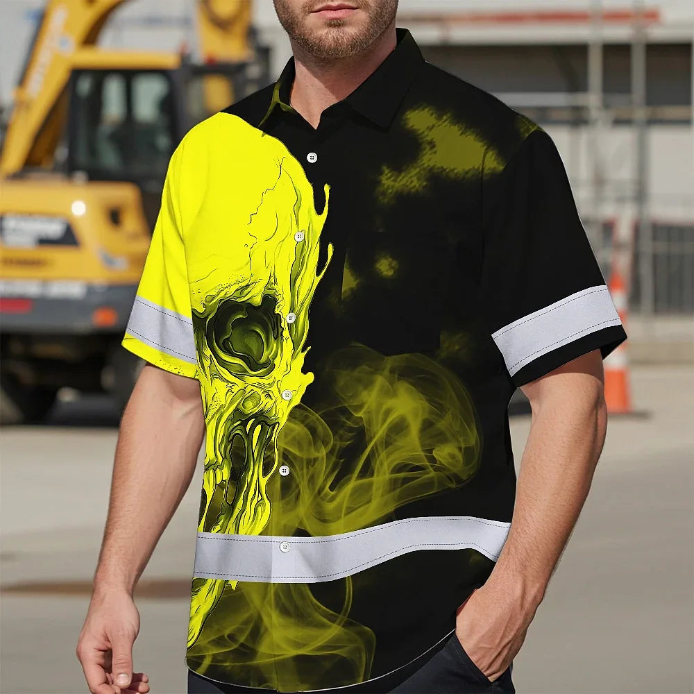 Hi Vis Hawaiian Shirt Reflective Tapes Black And Yellow Neon Skull Custom Name Safety Workwear For Workers, Truckers, Operators