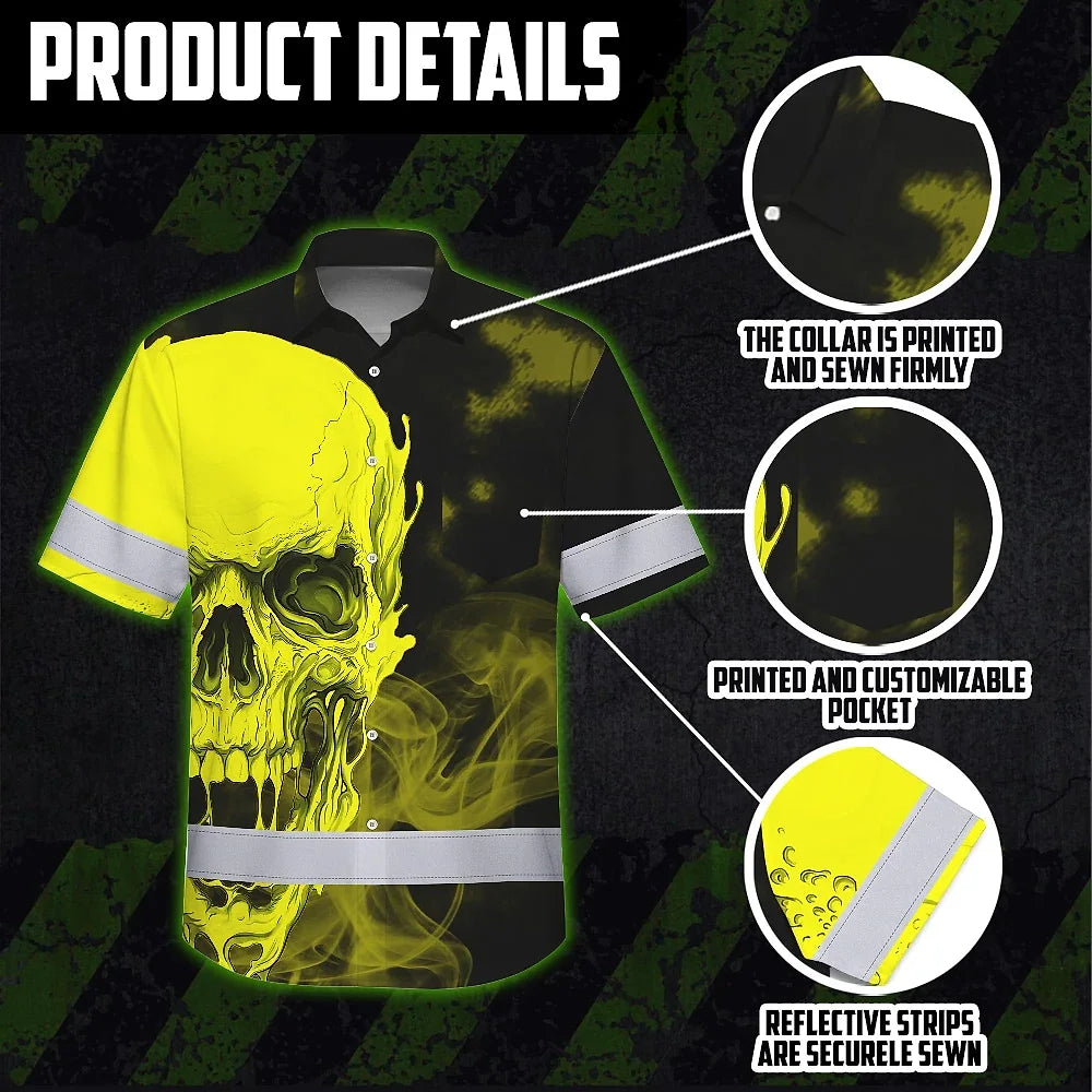 Hi Vis Hawaiian Shirt Reflective Tapes Black And Yellow Neon Skull Custom Name Safety Workwear For Workers, Truckers, Operators