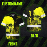 Hi Vis Hawaiian Shirt Reflective Tapes Black And Yellow Neon Skull Custom Name Safety Workwear For Workers, Truckers, Operators