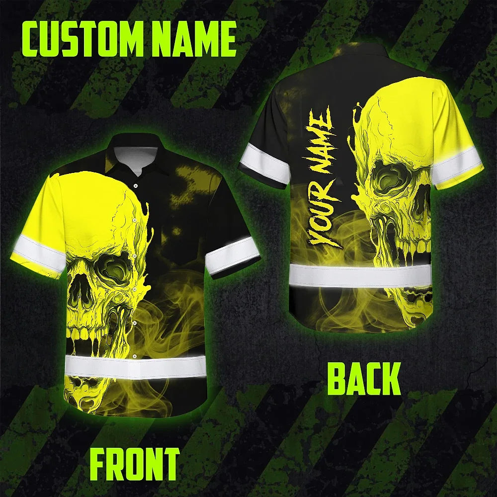 Hi Vis Hawaiian Shirt Reflective Tapes Black And Yellow Neon Skull Custom Name Safety Workwear For Workers, Truckers, Operators