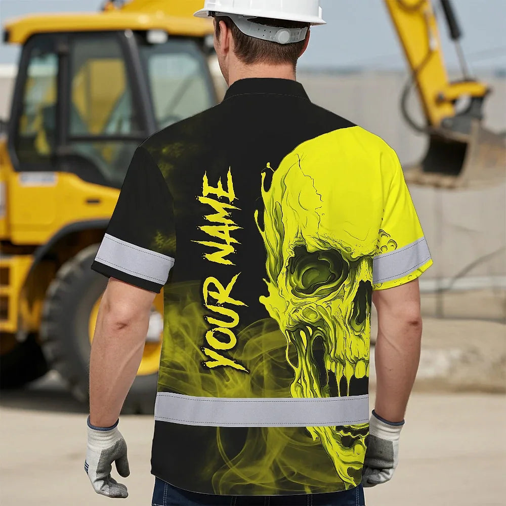 Hi Vis Hawaiian Shirt Reflective Tapes Black And Yellow Neon Skull Custom Name Safety Workwear For Workers, Truckers, Operators