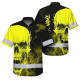 Hi Vis Hawaiian Shirt Reflective Tapes Black And Yellow Neon Skull Custom Name Safety Workwear For Workers, Truckers, Operators