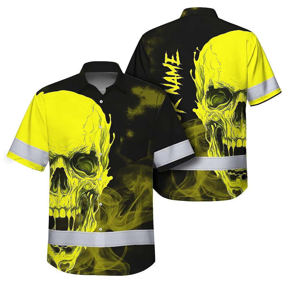 Hi Vis Hawaiian Shirt Reflective Tapes Black And Yellow Neon Skull Custom Name Safety Workwear For Workers, Truckers, Operators