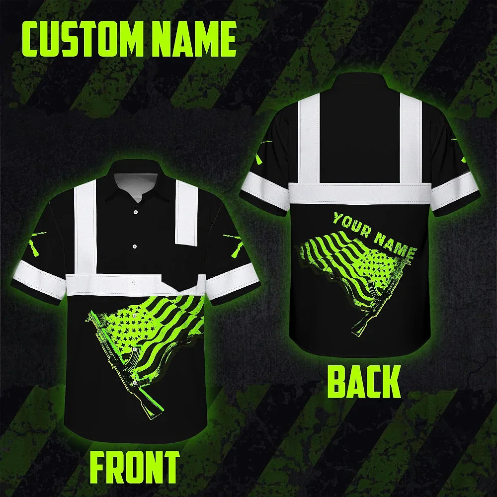 Hi Vis Hawaiian Shirt Reflective Tapes Black Green Neon Gun US Flag