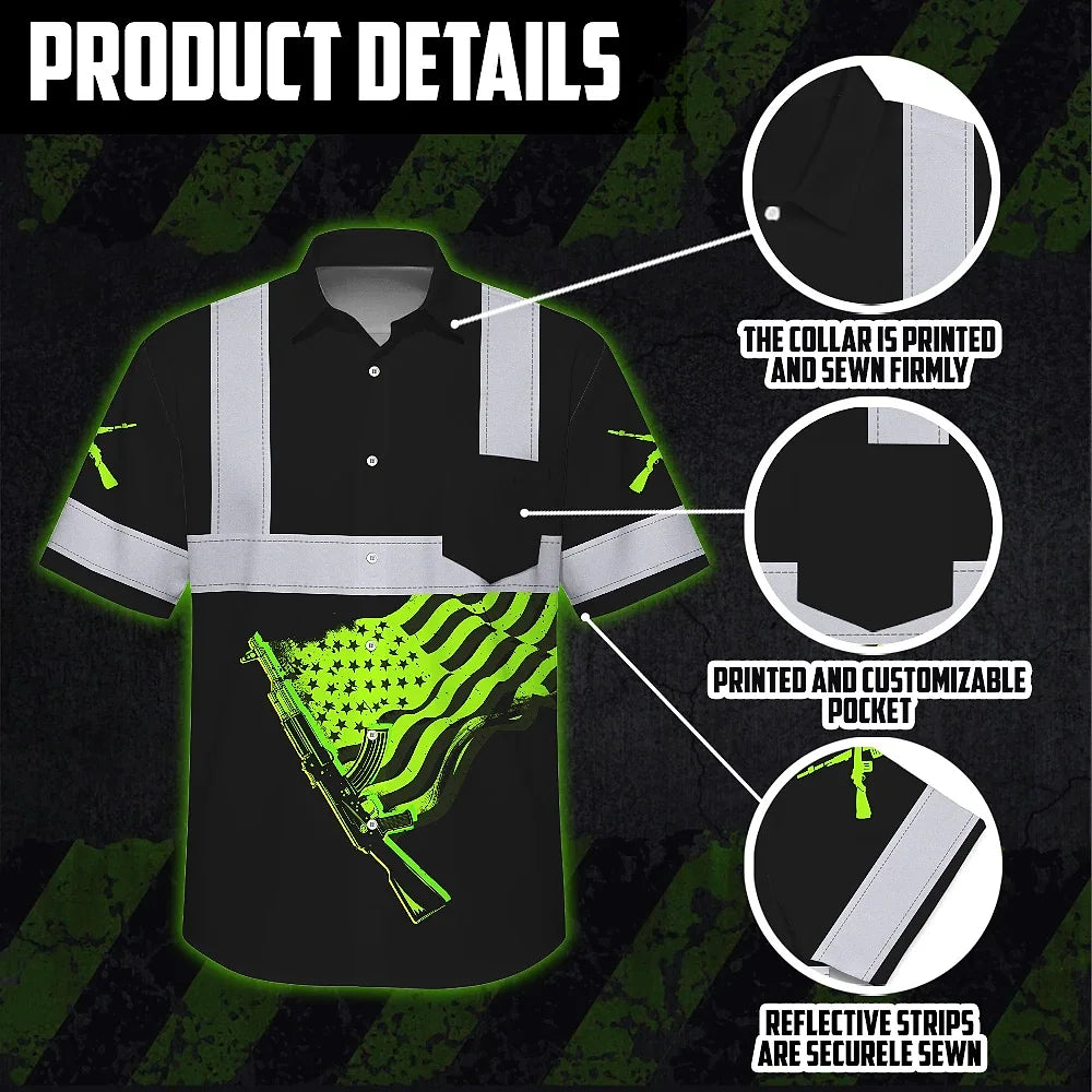 Hi Vis Hawaiian Shirt Reflective Tapes Black Green Neon Gun US Flag