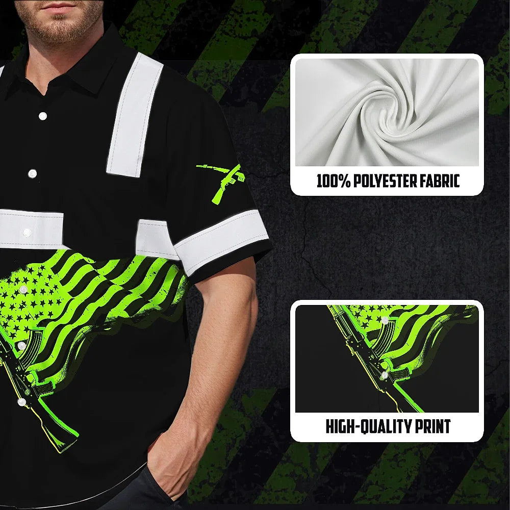 Hi Vis Hawaiian Shirt Reflective Tapes Black Green Neon Gun US Flag